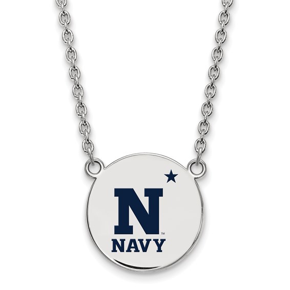 Sterling Silver Rhodium-plated LogoArt US Naval Academy Large Enameled Disc Pendant 18 inch Necklace