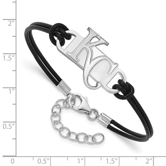 Sterling Silver Rhodium Plated Major League Baseball LogoArt Kansas City Royal Leather Bracelet