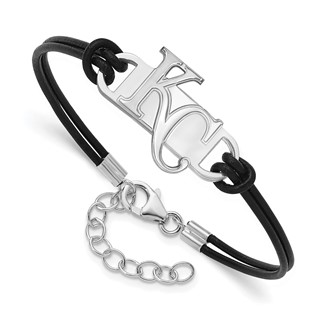 Sterling Silver Rhodium Plated Major League Baseball LogoArt Kansas City Royal Leather Bracelet