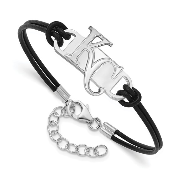 Sterling Silver Rhodium Plated Major League Baseball LogoArt Kansas City Royal Leather Bracelet