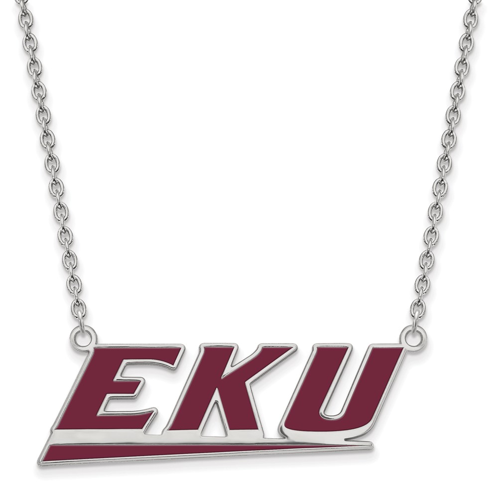 Sterling Silver Rhodium-plated LogoArt Eastern Kentucky University E-k-u Large Enameled Pendant Necklace - 18in