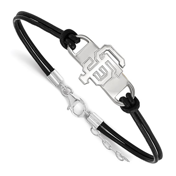 Sterling Silver Rhodium Plated Major League Baseball LogoArt San Francisco Giants Leather Bracelet