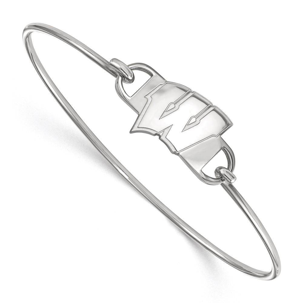 Sterling Silver Rhodium-plated LogoArt University of Wisconsin Letter W Small Center Wire Bangle, 7"