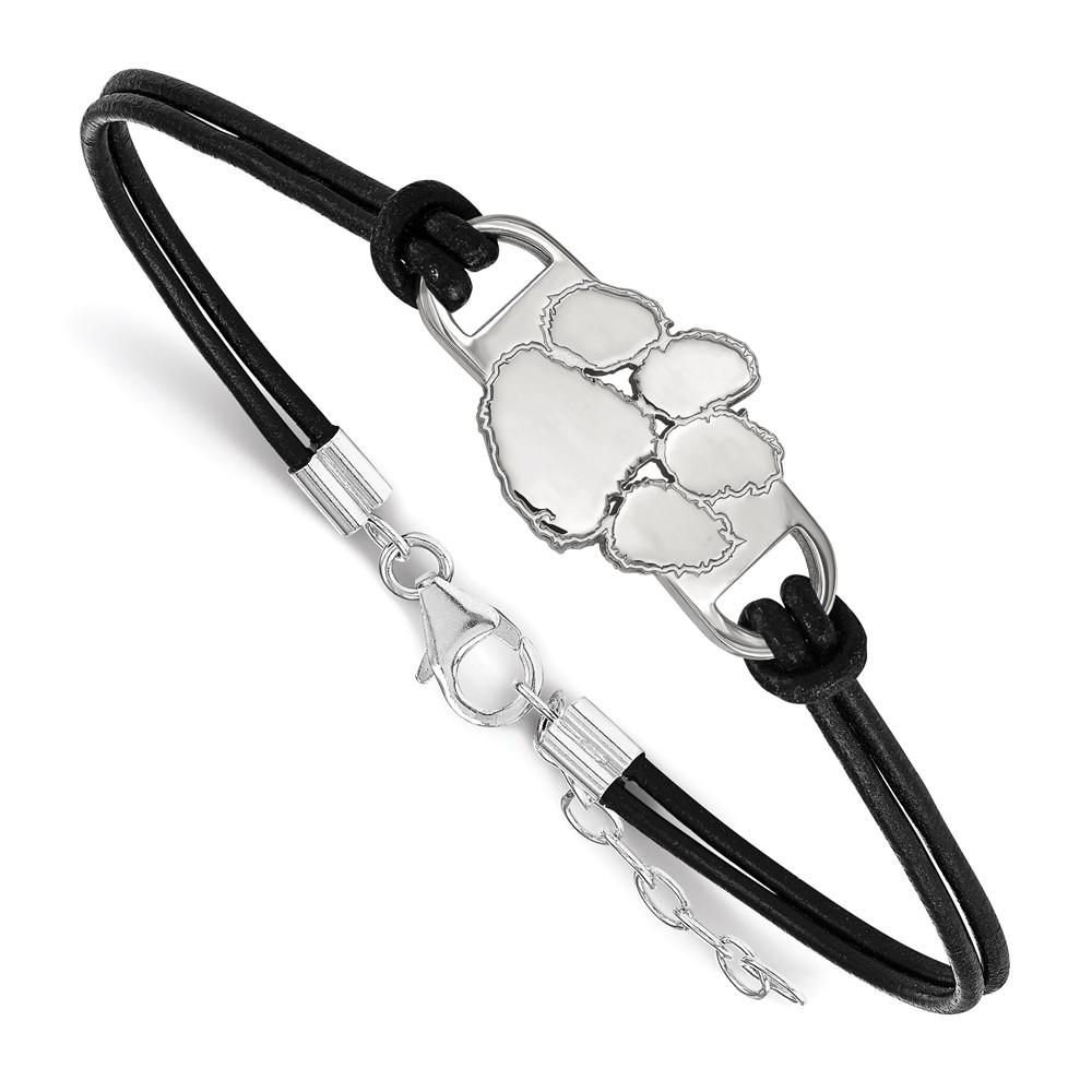 Sterling Silver Rhodium-plated LogoArt Clemson University Tiger Paw Small Center Black Leather Bracelet with Extender, 7"