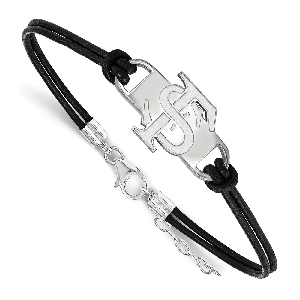 Sterling Silver Rhodium-plated LogoArt Florida State University F-s Small Center Black Leather Bracelet with Extender, 7"