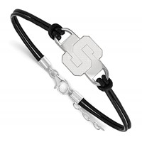 Sterling Silver Rhodium-plated LogoArt Michigan State University Letter S Small Center Black Leather Bracelet with Extender, 7" view 1