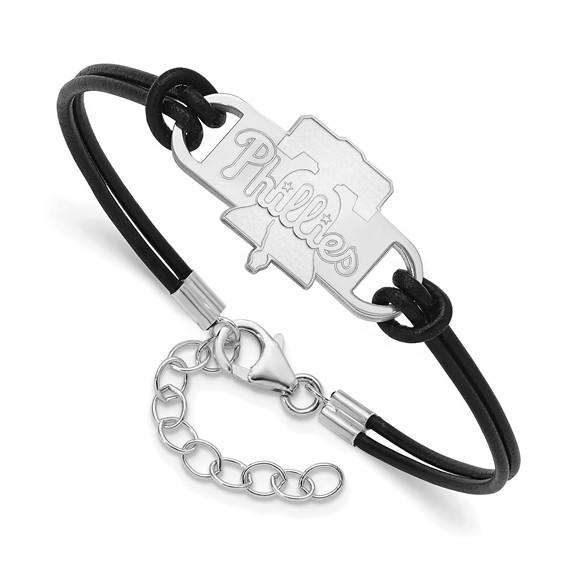 Sterling Silver Rhodium Plated Major League Baseball LogoArt Phila. Phillies Leather Bracelet