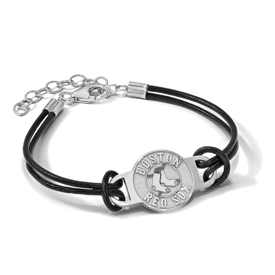 Sterling Silver Rhodium Plated Major League Baseball LogoArt Boston Red Sox Leather Bracelet