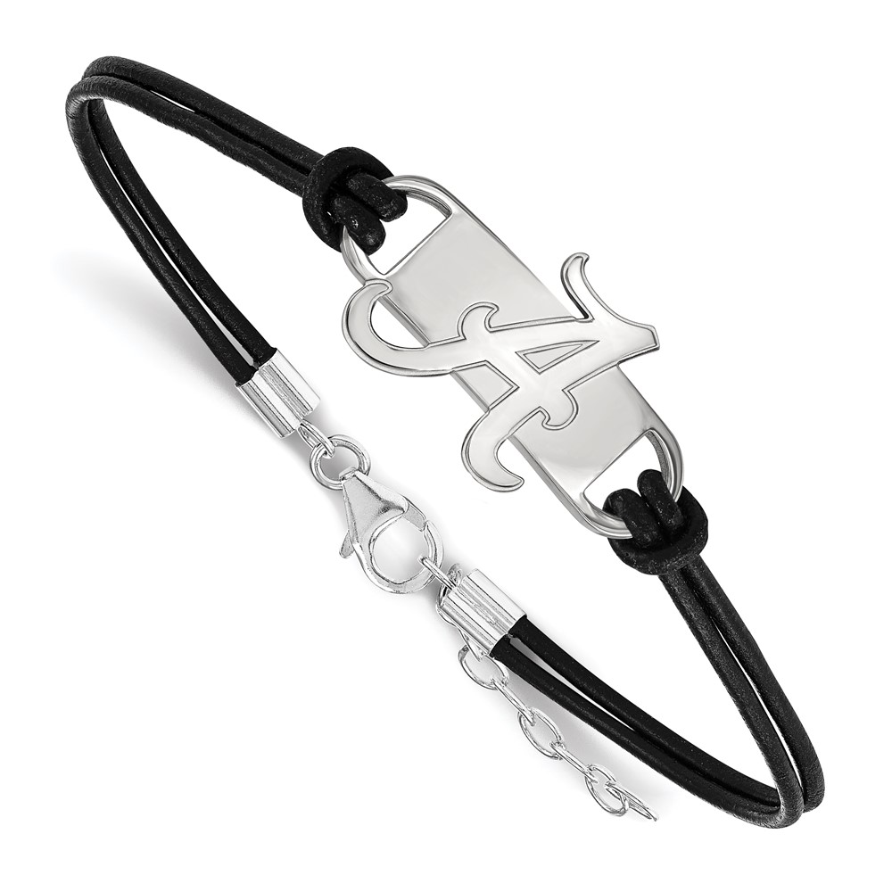 Sterling Silver Rhodium-plated LogoArt University of Alabama Letter a Medium Center Black Leather Bracelet with Extender, 7"