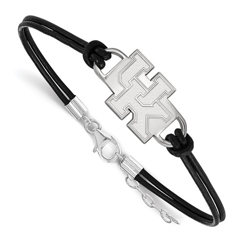 Sterling Silver Rhodium-plated LogoArt University of Kentucky U-k Small Center Black Leather Bracelet with Extender, 7"