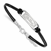 Sterling Silver Rhodium-plated LogoArt University of Mississippi Ole Miss Small Center Black Leather Bracelet with Extender, 7" view 1
