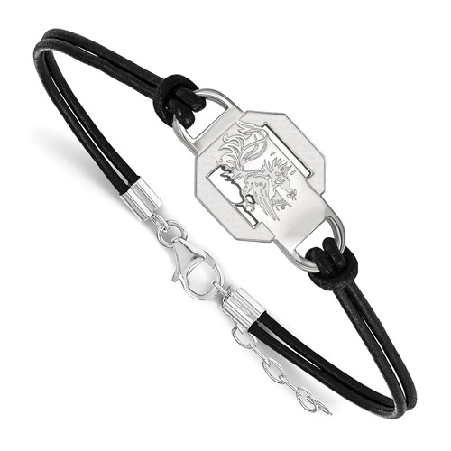 Sterling Silver Rhodium-plated LogoArt University of South Carolina Small Center Black Leather Bracelet with Extender, 7"