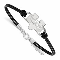 Sterling Silver Rhodium-plated LogoArt University of Virginia Small Center Black Leather Bracelet with Extender, 7" view 1