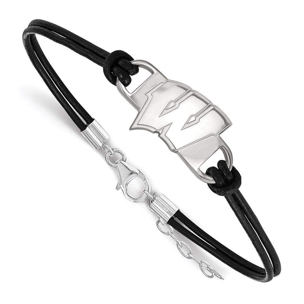 Sterling Silver Rhodium-plated LogoArt University of Wisconsin Letter W Small Center Black Leather Bracelet with Extender, 7"