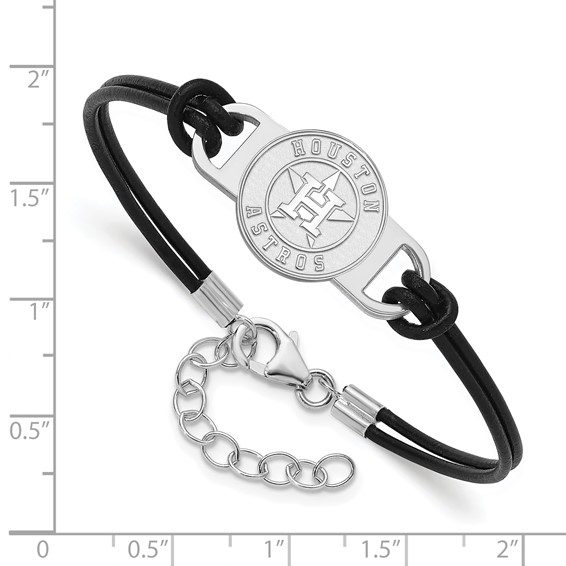 Sterling Silver Rhodium Plated Major League Baseball LogoArt Houston Astros Leather Bracelet