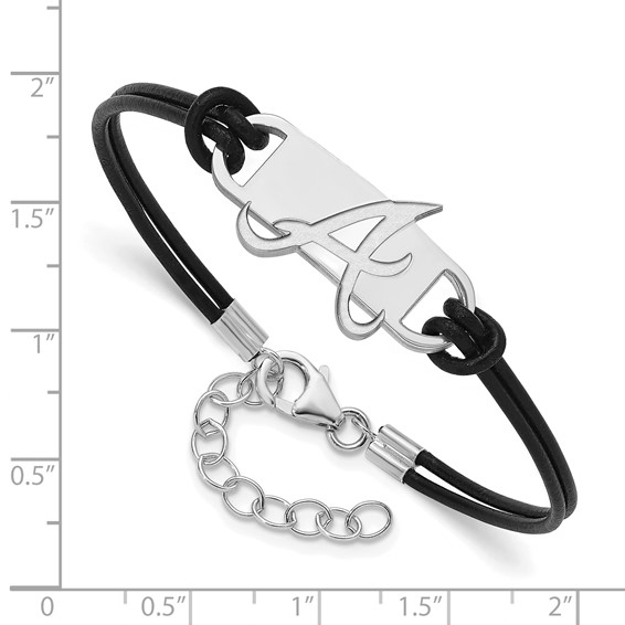 Sterling Silver Rhodium Plated Major League Baseball LogoArt Atlanta Braves Leather Bracelet