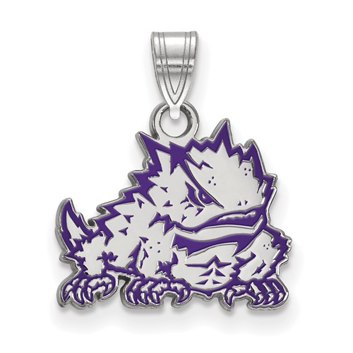 Sterling Silver Rhodium-plated LogoArt Texas Christian University Horned Frog Small Enameled Pendant