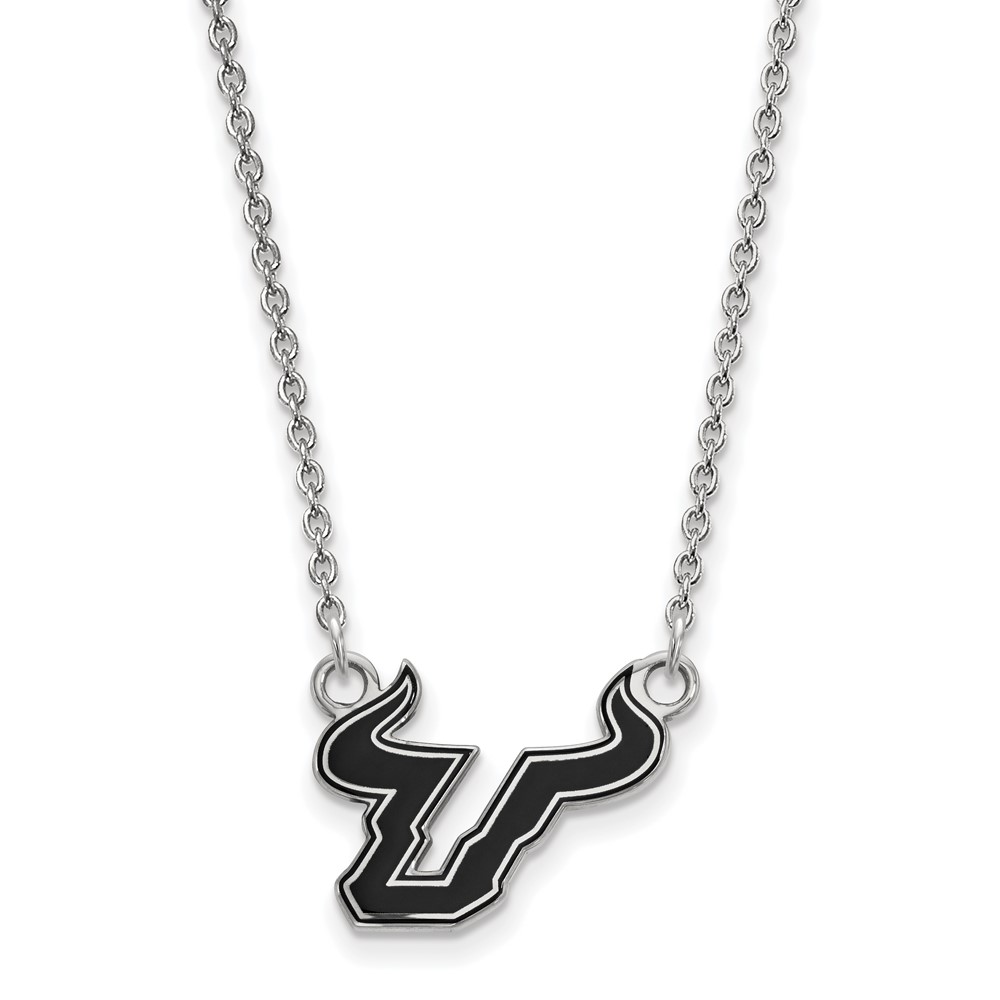 Sterling Silver Rhodium-plated LogoArt University of South Florida Bull Small Enameled Pendant Necklace, 18"