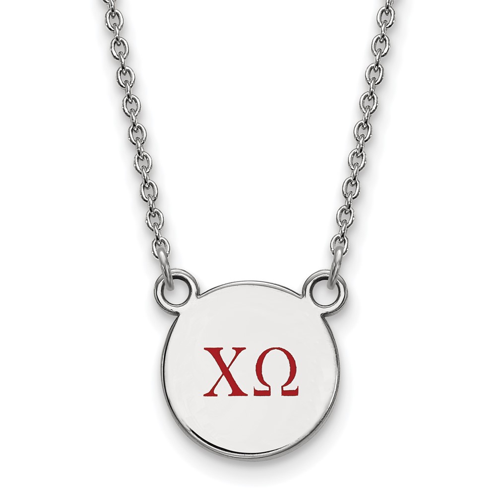 Sterling Silver Rhodium-plated LogoArt Chi Omega Sorority Greek Letters Small Color Enamel Pendant Necklace, 18"