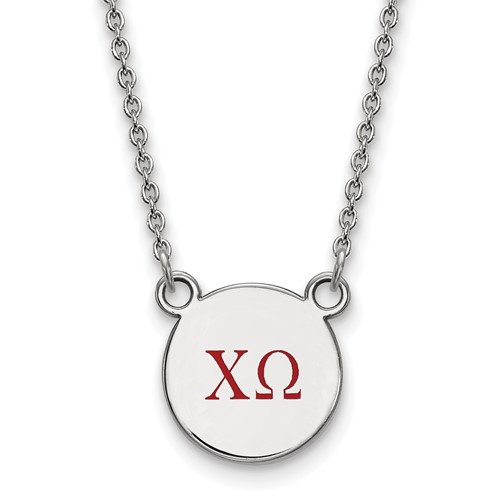 Sterling Silver Rhodium-plated LogoArt Chi Omega Sorority Greek Letters Small Color Enamel Pendant Necklace, 18"