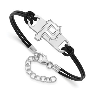 Sterling Silver Rhodium Plated Major League Baseball LogoArt Pittsburgh Pirates P Leather Bracelet