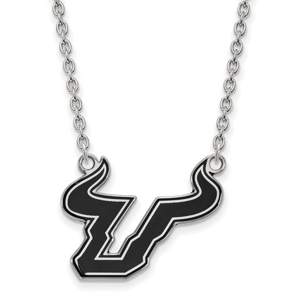 Sterling Silver Rhodium-plated LogoArt University of South Florida Bull Large Enameled Pendant Necklace, 18"
