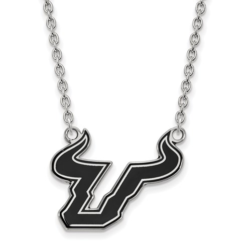 Sterling Silver Rhodium-plated LogoArt University of South Florida Bull Large Enameled Pendant Necklace, 18"