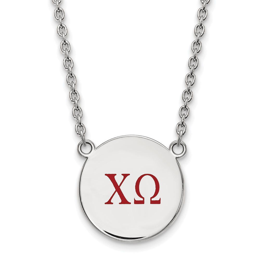 Sterling Silver Rhodium-plated LogoArt Chi Omega Sorority Greek Letters Large Color Enamel Pendant Necklace, 18"
