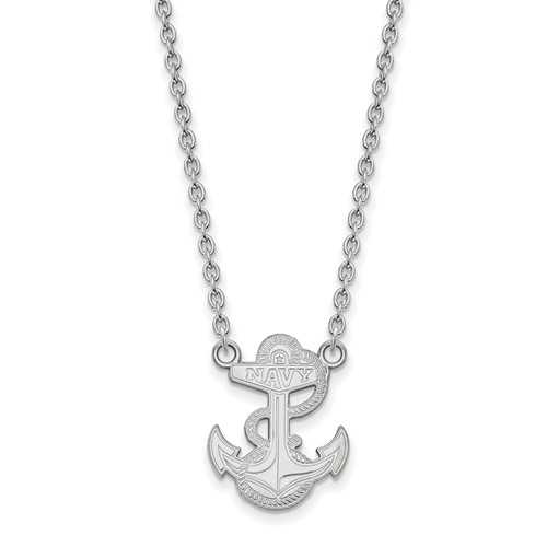 Sterling Silver Rhodium-plated LogoArt US Naval Academy Anchor Large Pendant Necklace, 18"