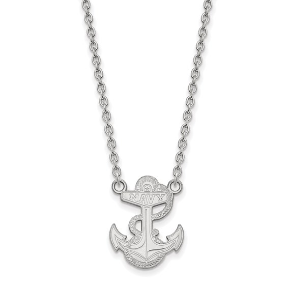 Sterling Silver Rhodium-plated LogoArt US Naval Academy Anchor Large Pendant 18 inch Necklace