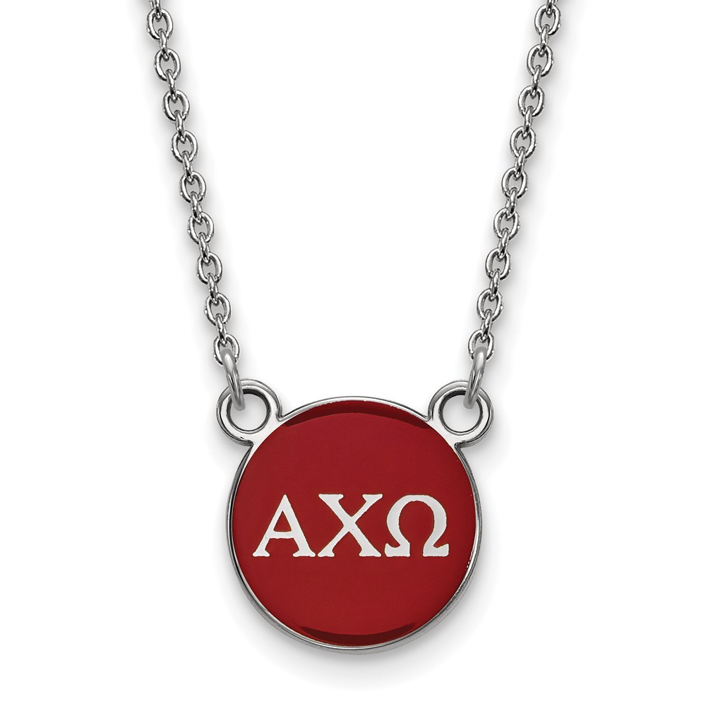 Sterling Silver Rhodium-plated LogoArt Alpha Chi Omega Sorority Greek Letters Small Color Enamel Pendant Necklace, 18"