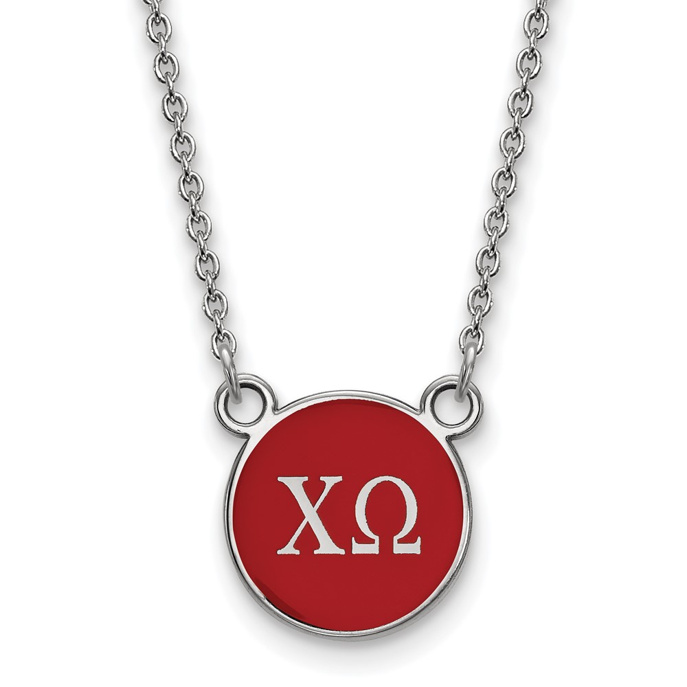 Sterling Silver Rhodium-plated LogoArt Chi Omega Sorority Greek Letters Small Color Enamel Pendant Necklace, 18"