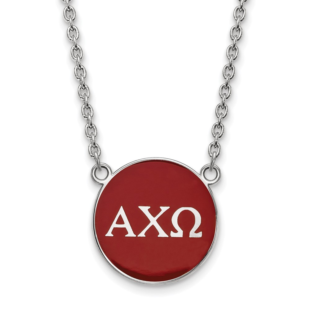 Sterling Silver Rhodium-plated LogoArt Alpha Chi Omega Sorority Greek Letters Large Color Enamel Pendant Necklace, 18"