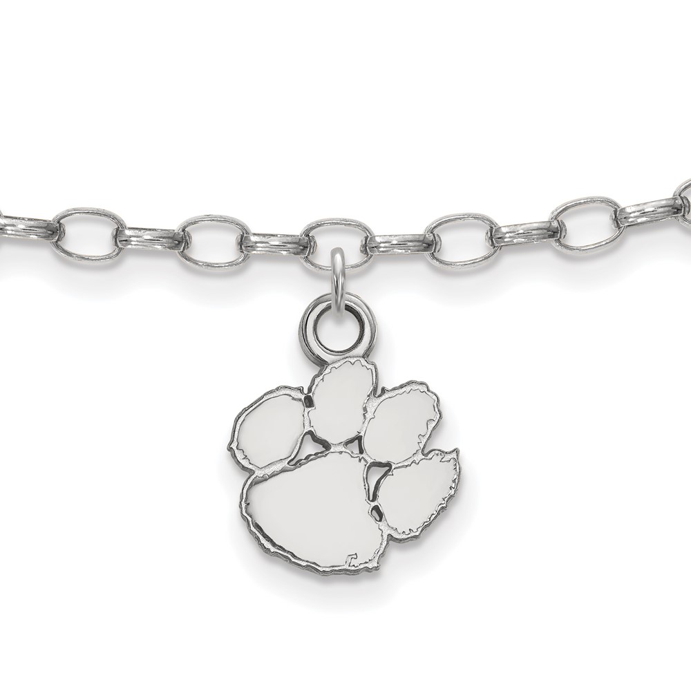 Sterling Silver Rhodium-plated LogoArt Clemson University Tiger Paw Anklet, 9"