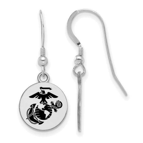 Sterling Silver Rh-Plat U.S. Marine Corps Epoxied Disc Dangle Earrings