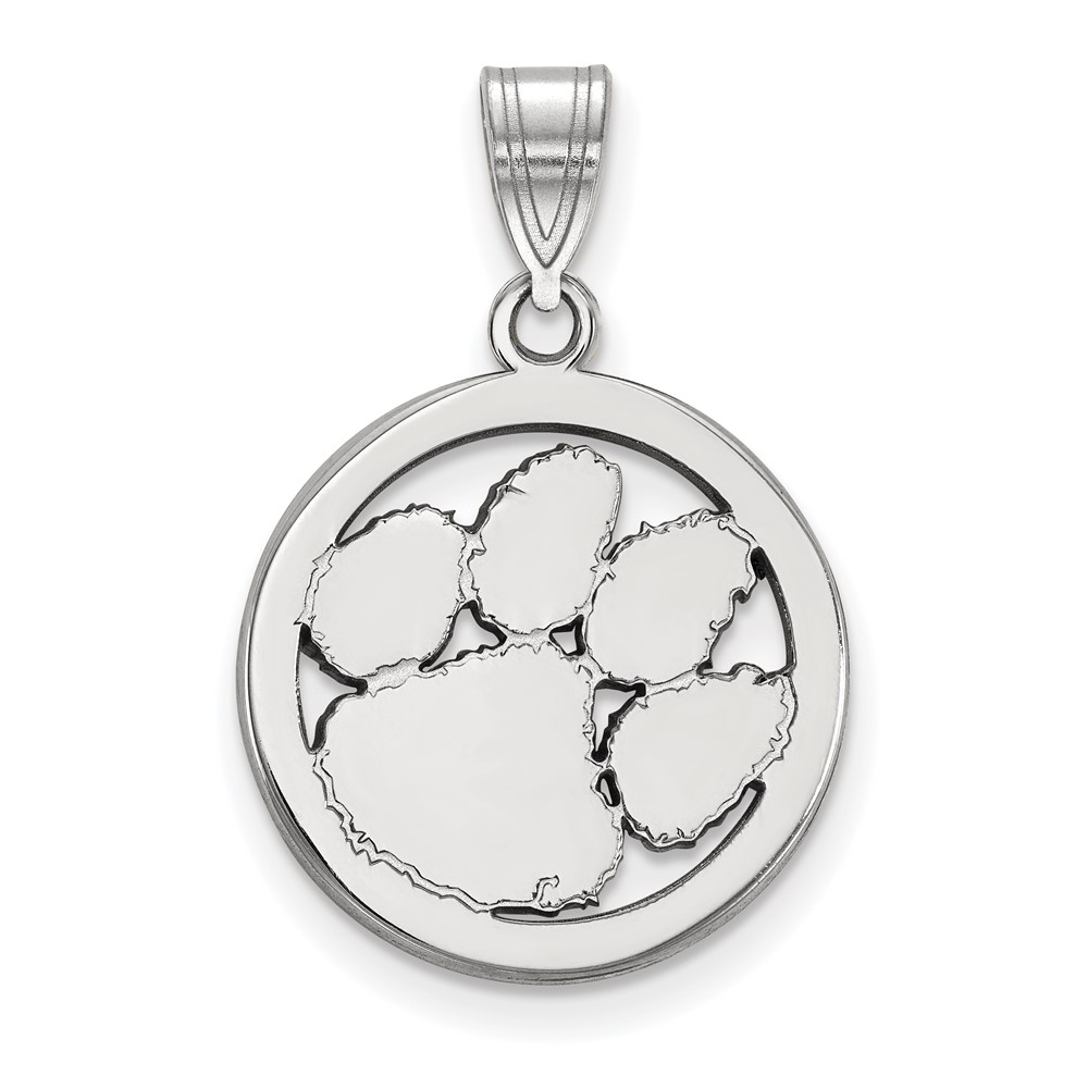 Sterling Silver Rhodium-plated LogoArt Clemson University Tiger Paw Medium Circle Pendant
