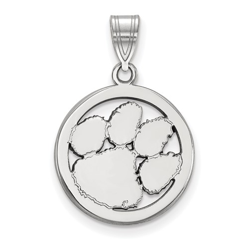 Sterling Silver Rhodium-plated LogoArt Clemson University Tiger Paw Medium Circle Pendant