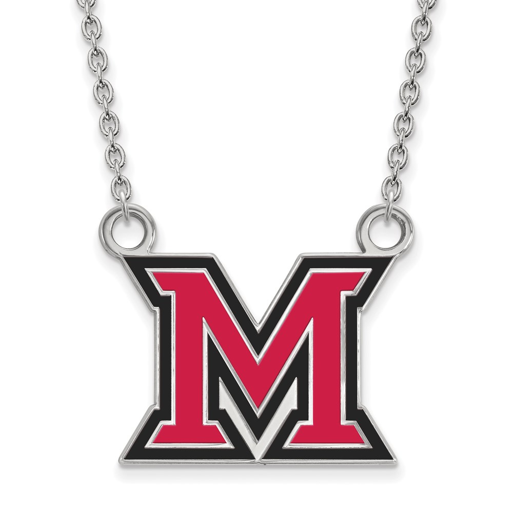 Sterling Silver Rhodium-plated LogoArt Miami University Ohio Letter M Large Enameled Pendant Necklace, 18"