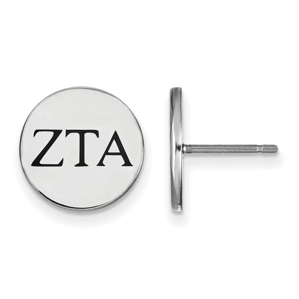 Sterling Silver Rhodium-plated LogoArt Zeta Tau Alpha Sorority Greek Letters Black Enamel Post Earrings