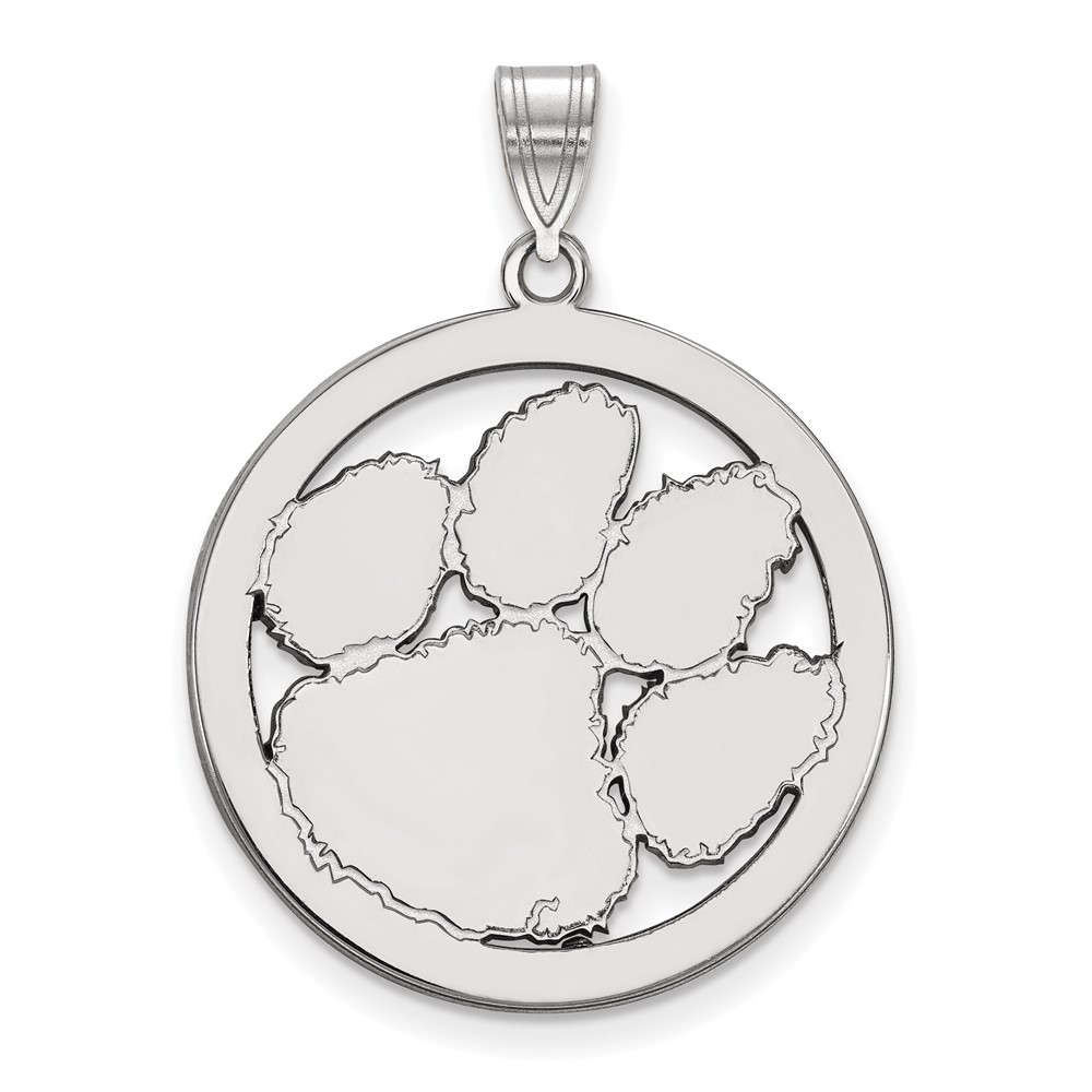 Sterling Silver Rhodium-plated LogoArt Clemson University Tiger Paw Extra Large Circle Pendant