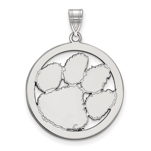 Sterling Silver Rhodium-plated LogoArt Clemson University Tiger Paw Extra Large Circle Pendant