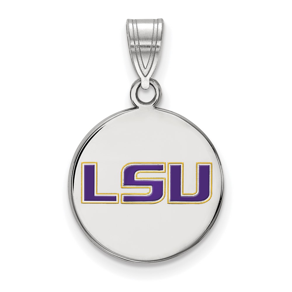 Sterling Silver Rhodium-plated LogoArt Louisiana State University L-s-u Medium Enameled Disc Pendant