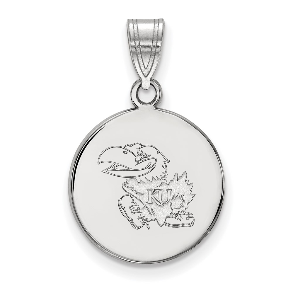 Sterling Silver Rhodium-plated LogoArt University of Kansas Jayhawk Medium Disc Pendant