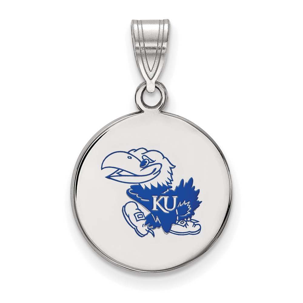 Sterling Silver Rhodium-plated LogoArt University of Kansas Jayhawk Medium Enameled Disc Pendant