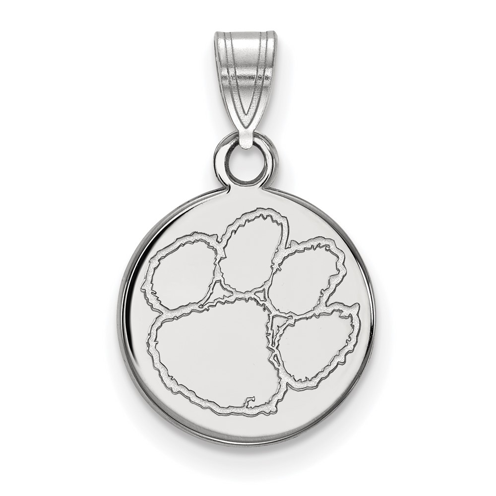 Sterling Silver Rhodium-plated LogoArt Clemson University Tiger Paw Small Disc Pendant