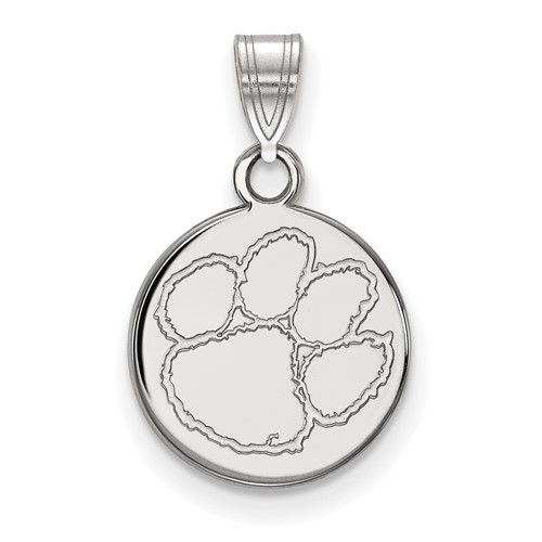 Sterling Silver Rhodium-plated LogoArt Clemson University Tiger Paw Small Disc Pendant