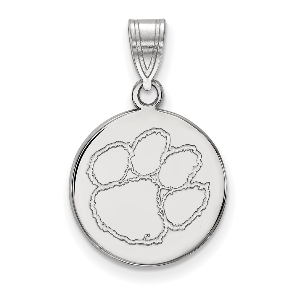Sterling Silver Rhodium-plated LogoArt Clemson University Tiger Paw Medium Disc Pendant