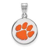 Sterling Silver Rhodium-plated LogoArt Clemson University Tiger Paw Medium Enameled Disc Pendant view 1