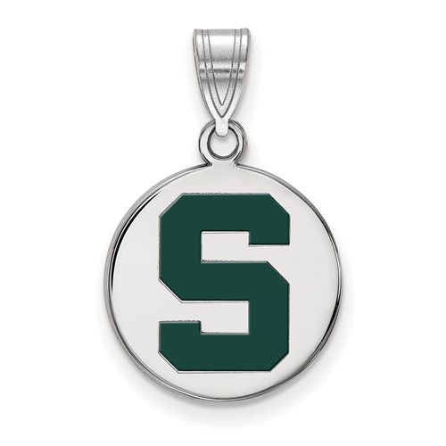 Sterling Silver Rhodium-plated LogoArt Michigan State U Medium Enameled Disc Pendant