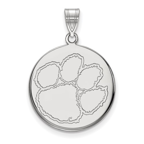 Sterling Silver Rhodium-plated LogoArt Clemson University Tiger Paw Large Disc Pendant